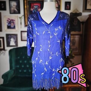 Vintage 80s Royal Feelings Blue Silk Sequin Vine Midi Dress Beaded Cocktail Glam